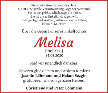 Babyanzeige von Melisa  von WESER-KURIER