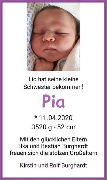 Babyanzeige von Pia  von WESER-KURIER
