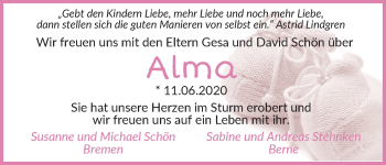 Babyanzeige von Alma  von WESER-KURIER