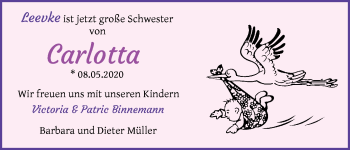 Babyanzeige von Carlotta Binnemann von WESER-KURIER