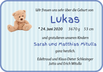 Babyanzeige von Lukas Mitulla von WESER-KURIER