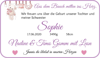 Babyanzeige von Sophie Gomm von Osterholzer Kreisblatt