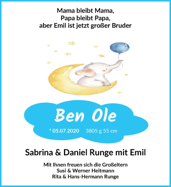 Babyanzeige von Ben Ole Runge von Wuemme Zeitung