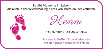 Babyanzeige von Henni Scharringhausen von Wuemme Zeitung