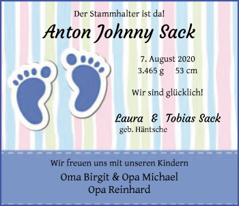 Babyanzeige von Anton Johnny Sack von WESER-KURIER