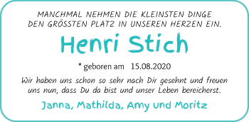Babyanzeige von Henri Stich von WESER-KURIER