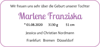 Babyanzeige von Marlene Franziska Nordmann von WESER-KURIER