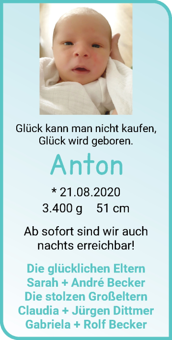 Babyanzeige von Anton Becker von WESER-KURIER
