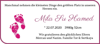Babyanzeige von Mila Su Hamed von WESER-KURIER