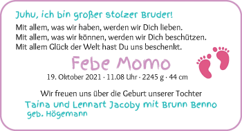 Babyanzeige von Febe Momo Jacoby von Die Norddeutsche