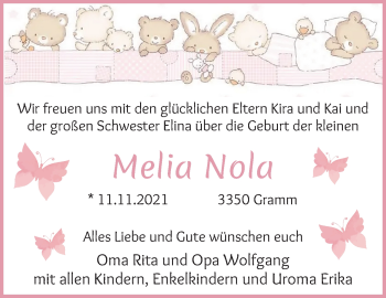 Babyanzeige von Melia Nola  von Wuemme Zeitung