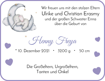 Babyanzeige von Henny Freya  von Wuemme Zeitung