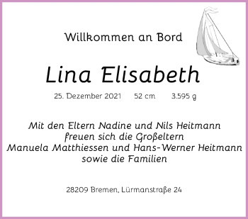 Babyanzeige von Lina Elisabeth Heitmann von WESER-KURIER