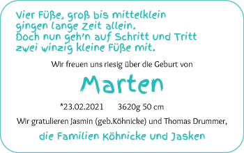 Babyanzeige von Marten Drummer von WESER-KURIER