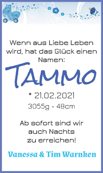 Babyanzeige von Tammo Warnken von WESER-KURIER
