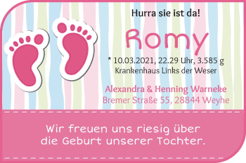 Babyanzeige von Romy Warneke von WESER-KURIER