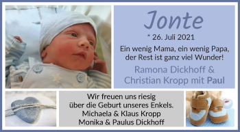 Babyanzeige von Jonte Kropp von WESER-KURIER