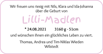 Babyanzeige von Lilli-Madlen  von Wuemme Zeitung