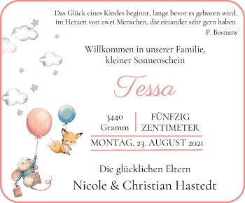 Babyanzeige von Tessa Hastedt von Osterholzer Kreisblatt