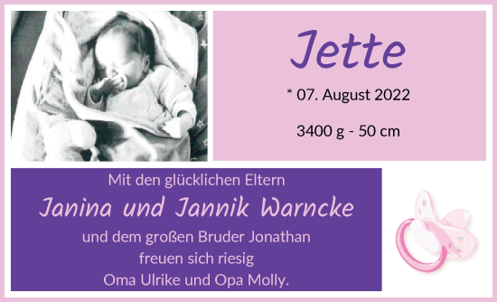 Babyanzeige von Jette Warncke von Osterholzer Kreisblatt