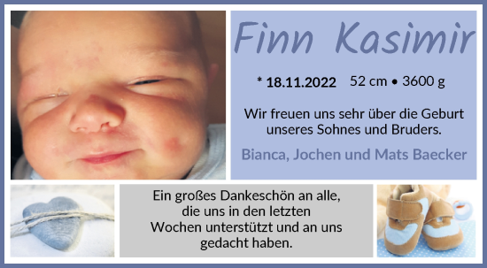 Babyanzeige von Finn Kasimir Baecker von WESER-KURIER