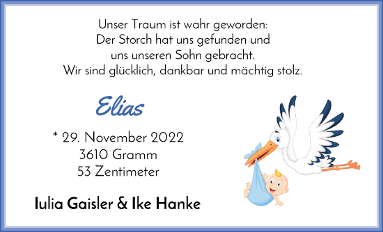 Babyanzeige von Elias  von Osterholzer Kreisblatt