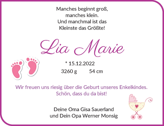 Babyanzeige von Lia Marie  von WESER-KURIER