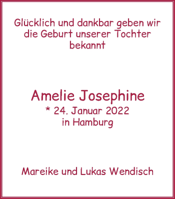 Babyanzeige von Amelie Josephine Wendisch von WESER-KURIER