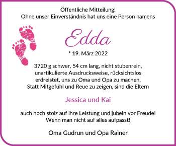 Babyanzeige von Edda  von WESER-KURIER