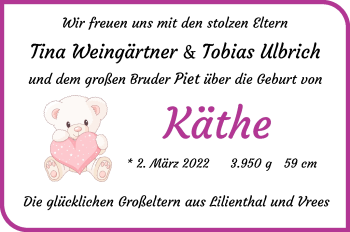 Babyanzeige von Käthe Weingärtner von Wuemme Zeitung