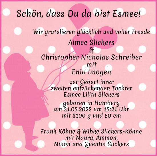 Babyanzeige von Esmee Lilith Slickers von WESER-KURIER