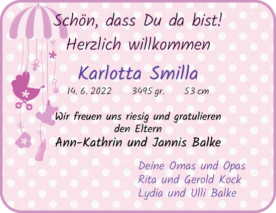 Babyanzeige von Karlotta Smilla Balke von Osterholzer Kreisblatt