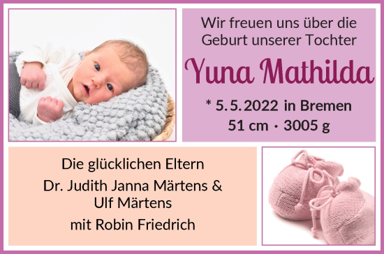 Babyanzeige von Yuna Mathilda Märtens von WESER-KURIER