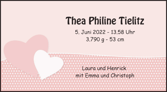 Babyanzeige von Thea Philine Tielitz von WESER-KURIER