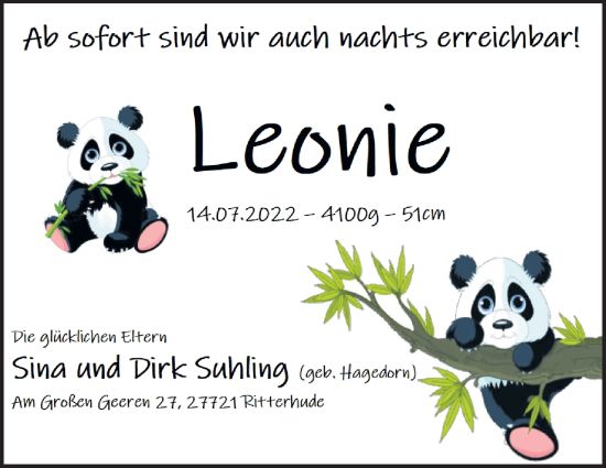 Babyanzeige von Leonie Suhling von Osterholzer Kreisblatt