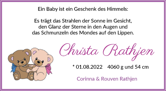 Babyanzeige von Christa Rathjen von Osterholzer Kreisblatt