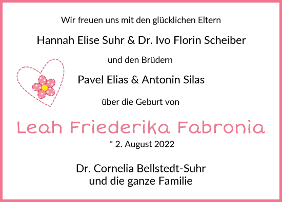 Babyanzeige von Leah Friederika Fabronia  von WESER-KURIER
