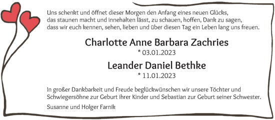 Babyanzeige von Charlotte und Leander Zachries und Bethke von WESER-KURIER