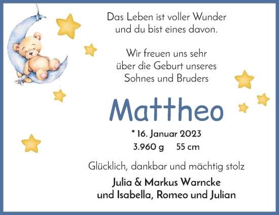 Babyanzeige von Mattheo Warncke von Achimer Kurier/Verdener Nachrichten