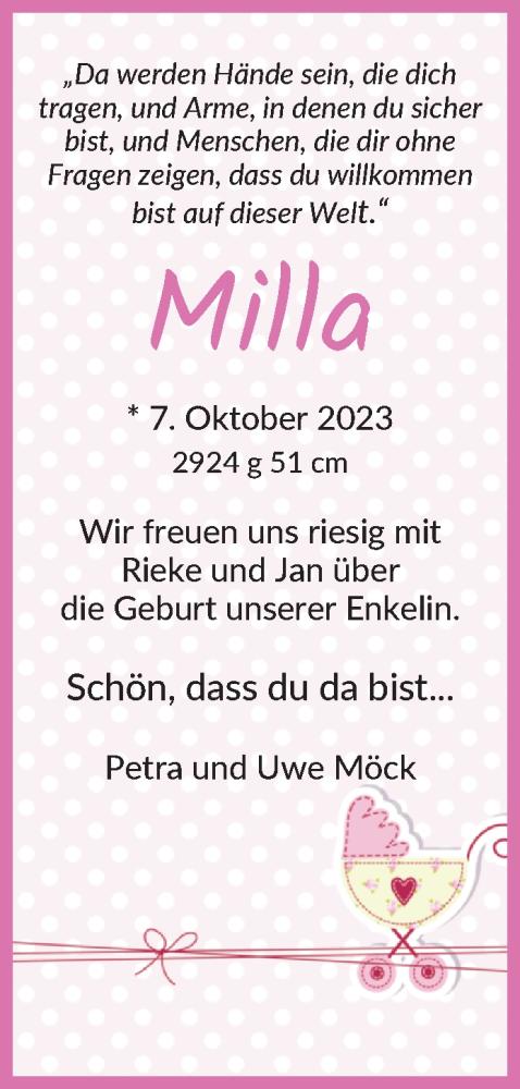 Anzeige für Milla Belzer vom 28.10.2023 aus Wuemme Zeitung