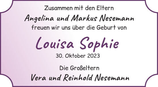 Babyanzeige von Louisa Sophie Nesemann von WESER-KURIER
