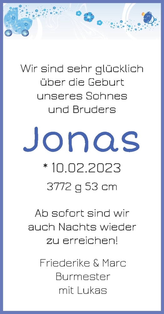 Anzeige für Jonas Burmester vom 18.02.2023 aus Delmenhorster Kurier