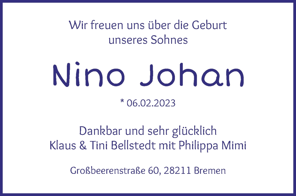 Anzeige für Nino Johan Bellstedt vom 25.02.2023 aus WESER-KURIER