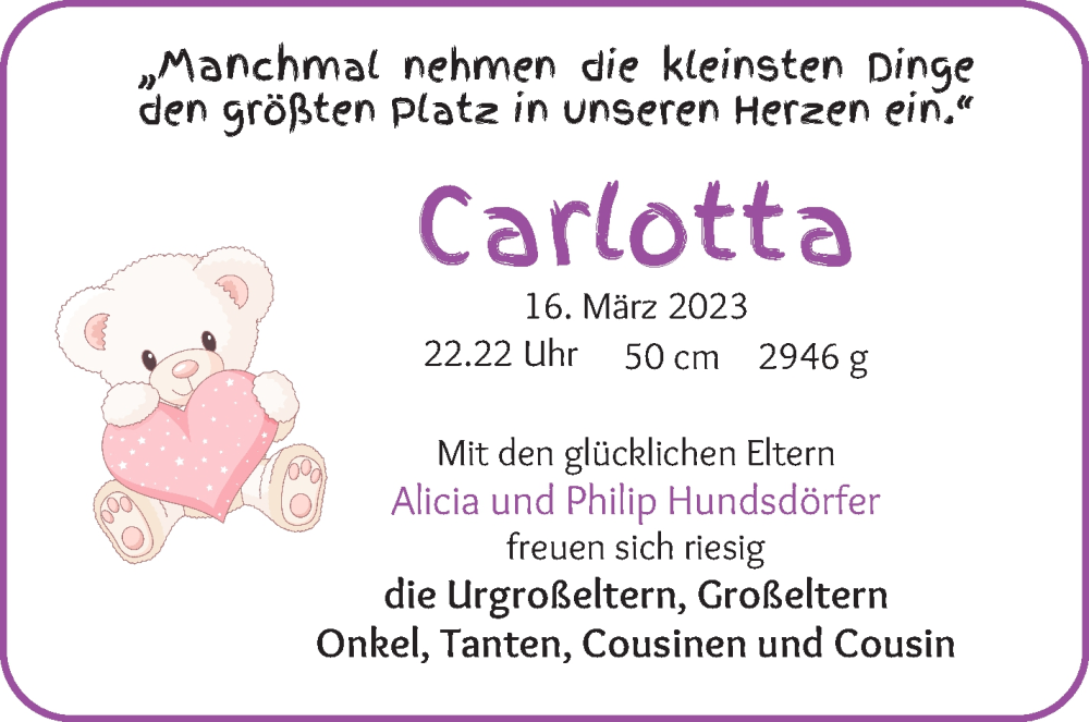 Anzeige für Carlotta Hundsdörfer vom 22.03.2023 aus Die Norddeutsche