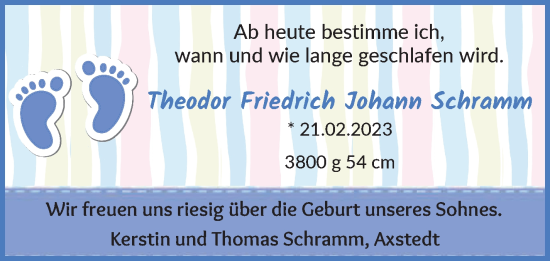 Babyanzeige von Theodor Friedrich Johann Schramm von Osterholzer Kreisblatt