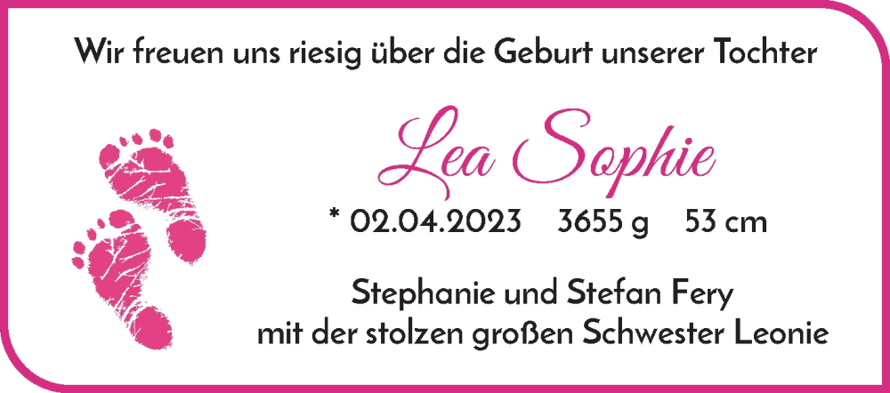 Anzeige für Lea Sophie Fery vom 15.04.2023 aus WESER-KURIER