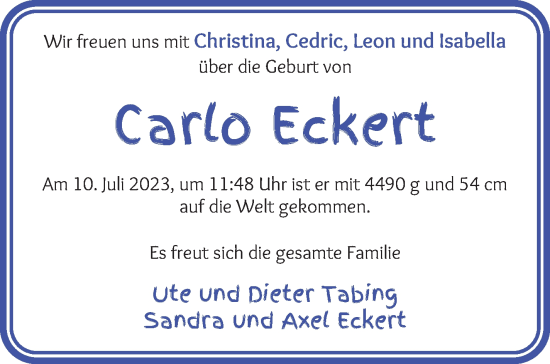 Babyanzeige von Carlo Eckert von WESER-KURIER