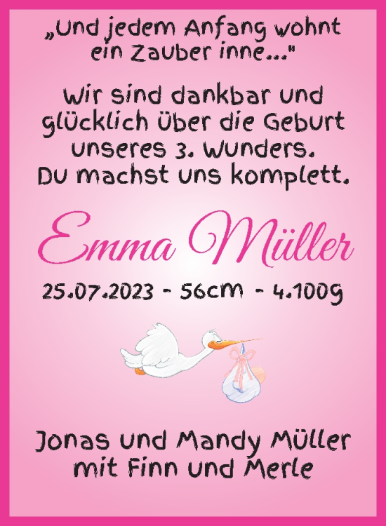 Babyanzeige von Emma Müller von WESER-KURIER