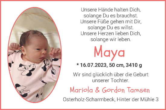 Babyanzeige von Maya Tamsen von Osterholzer Kreisblatt