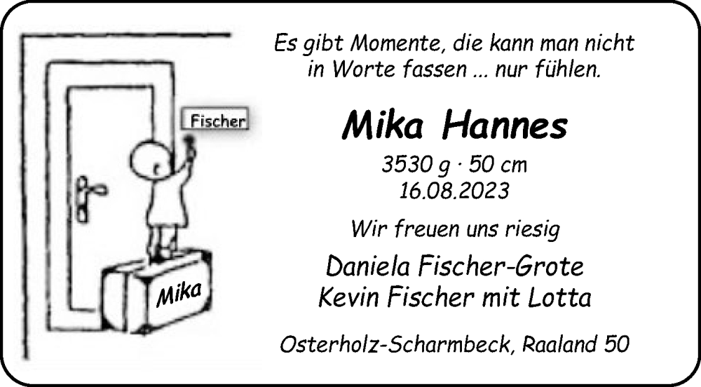 Anzeige für Mika Hannes vom 26.08.2023 aus Osterholzer Kreisblatt